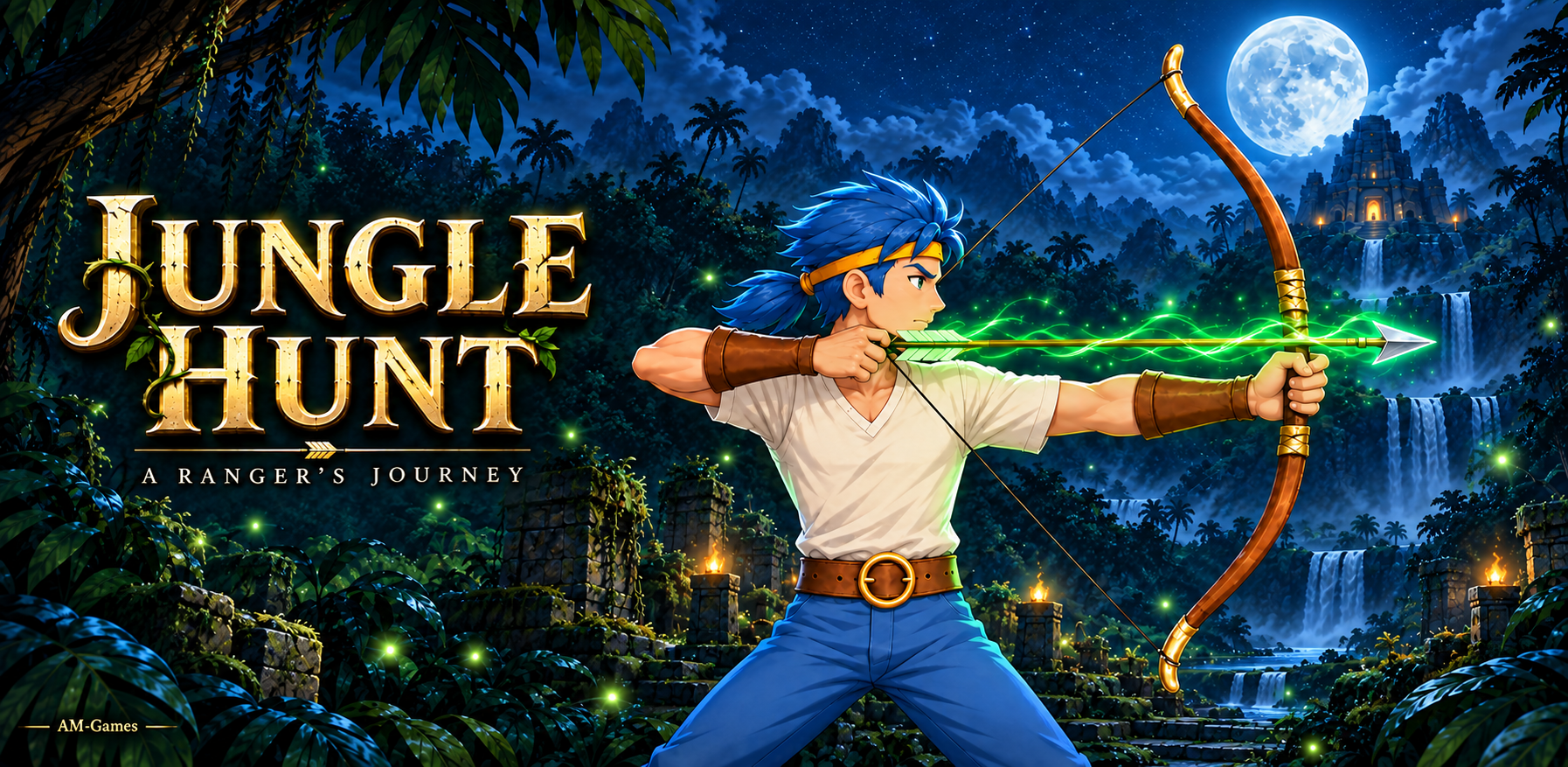 Jungle Hunt gold title beside the blue-haired archer aiming a green flame arrow, with the entire bow visible in a moonlit jungle